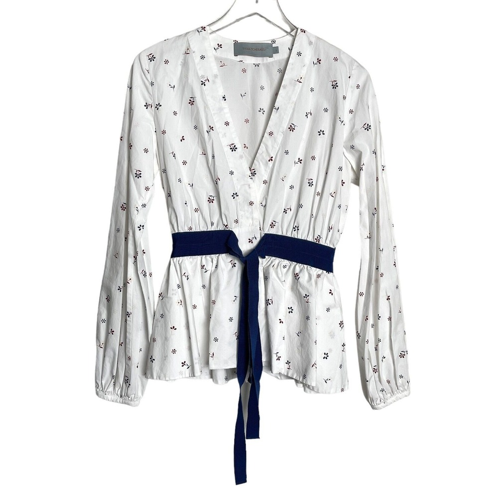 Silvia Tcherassi Womens Sarah Shirt Ditsy Floral Top V Neck Tie Waist S White